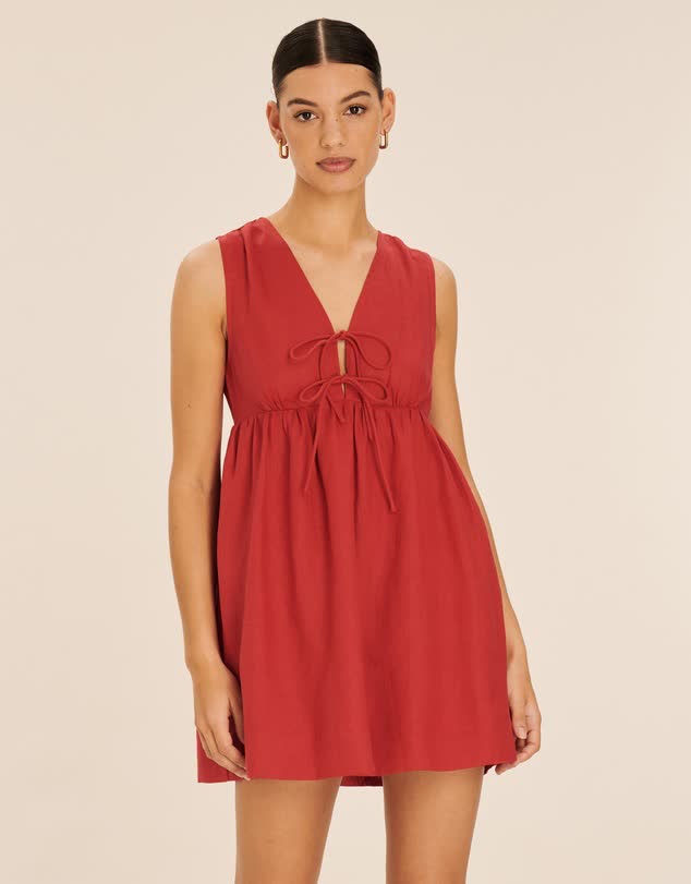 Linen Soft Gathered Tie Front Mini Dress