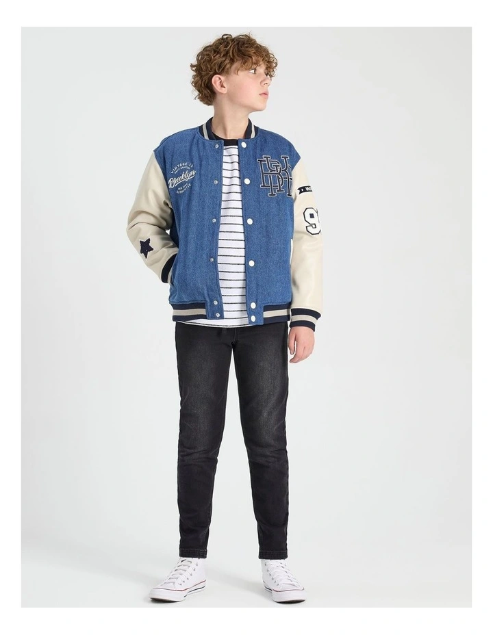 Varsity Bomber Jacket in Blue Denim